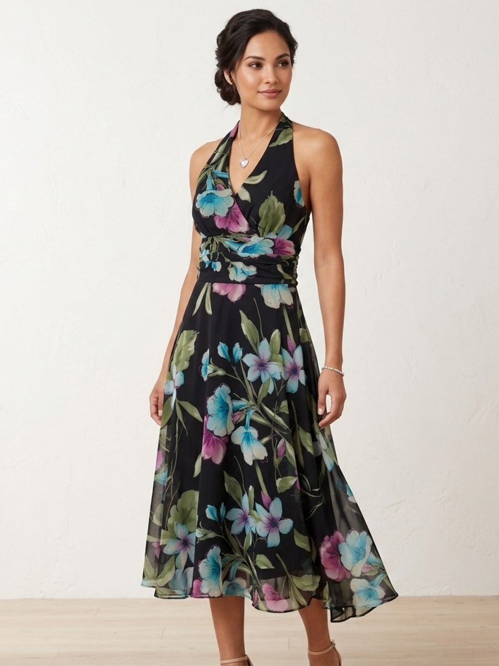 Connected Apparel Empire Waist
Halter Midi Dress sheer Black floral dress Sz 10